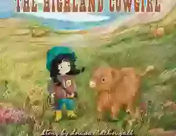 Picture book cover, highland cow, highland calf, girl and highland cow, cowgirl, picture book 